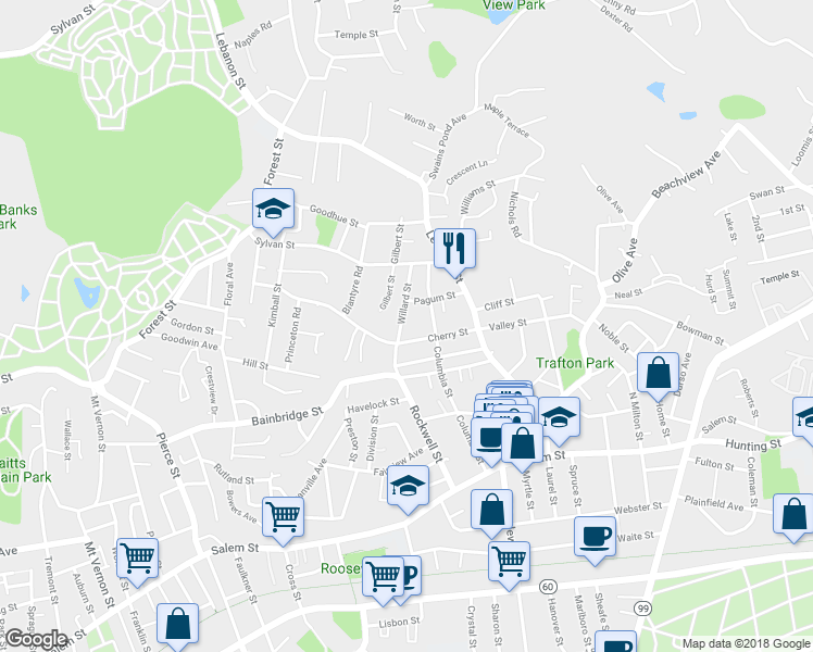 map of restaurants, bars, coffee shops, grocery stores, and more near 27 Gilbert Street in Malden