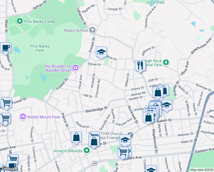 map of restaurants, bars, coffee shops, grocery stores, and more near 148 Cherry Street in Malden