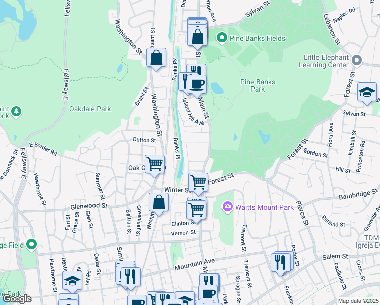 map of restaurants, bars, coffee shops, grocery stores, and more near 34 Fairlawn Street in Malden