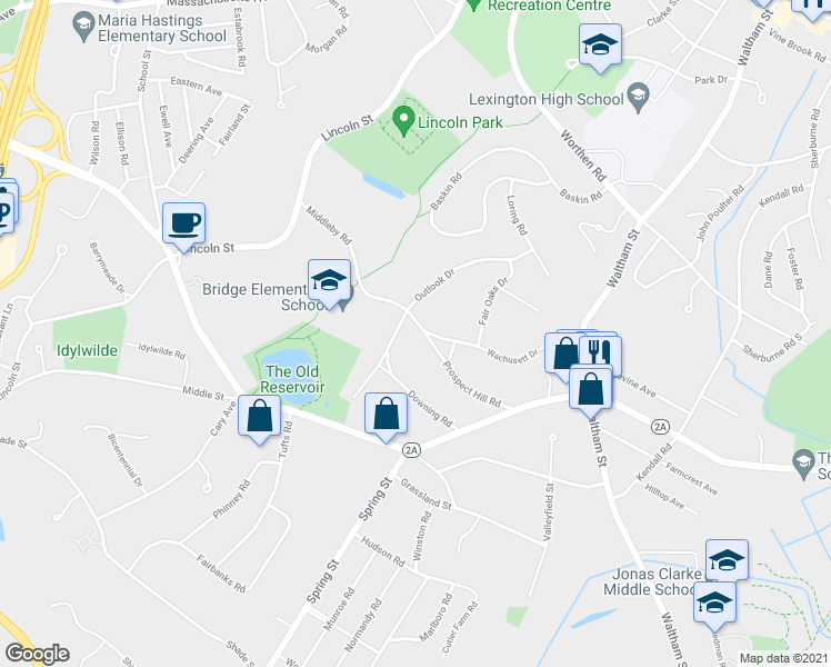 map of restaurants, bars, coffee shops, grocery stores, and more near 69 Prospect Hill Road in Lexington