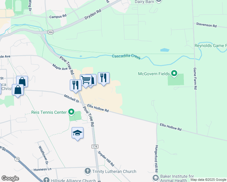 map of restaurants, bars, coffee shops, grocery stores, and more near 204 Summerhill Drive in Ithaca