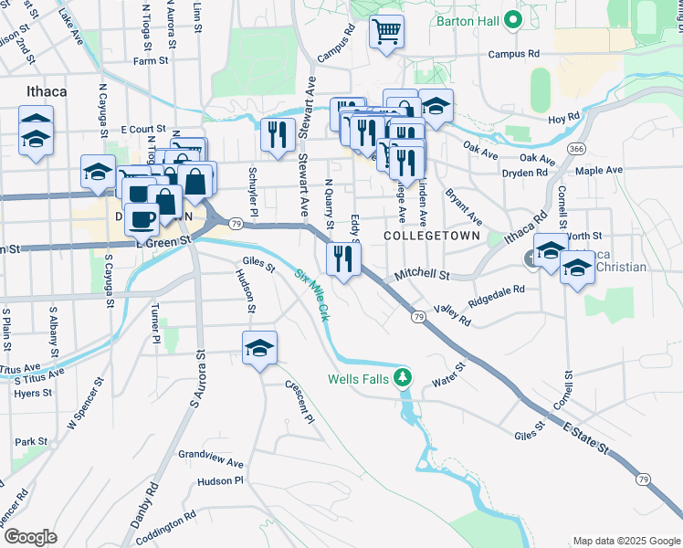 map of restaurants, bars, coffee shops, grocery stores, and more near 707 East State Street in Ithaca