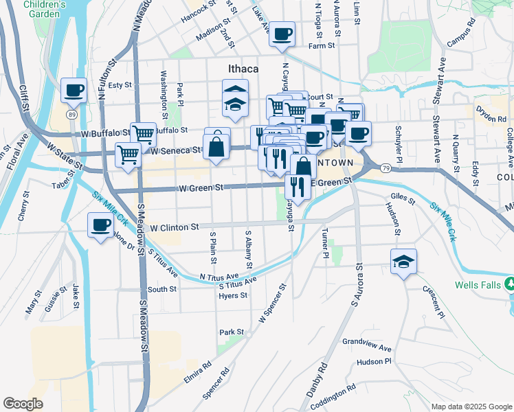map of restaurants, bars, coffee shops, grocery stores, and more near 211 South Albany Street in Ithaca