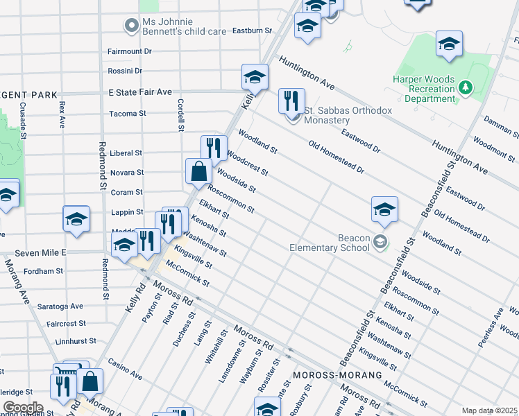 map of restaurants, bars, coffee shops, grocery stores, and more near 18811 Woodside Street in Harper Woods