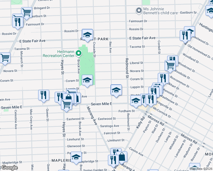 map of restaurants, bars, coffee shops, grocery stores, and more near 15682 Coram Street in Detroit
