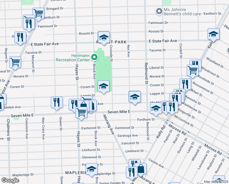 map of restaurants, bars, coffee shops, grocery stores, and more near 15604 Coram Street in Detroit
