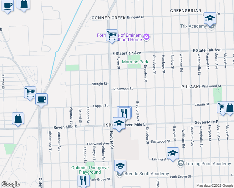 map of restaurants, bars, coffee shops, grocery stores, and more near 19415 Rowe Street in Detroit