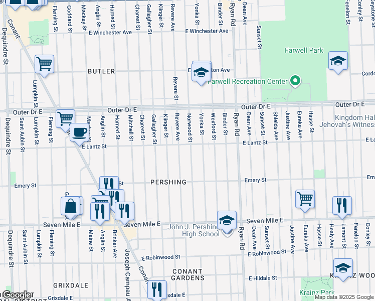 map of restaurants, bars, coffee shops, grocery stores, and more near 19458 Norwood Street in Detroit