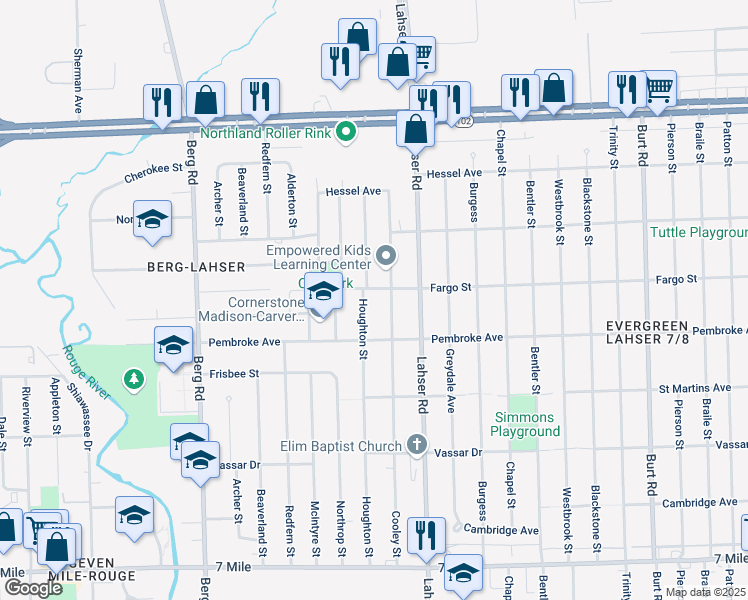 map of restaurants, bars, coffee shops, grocery stores, and more near 20000 Houghton Street in Detroit