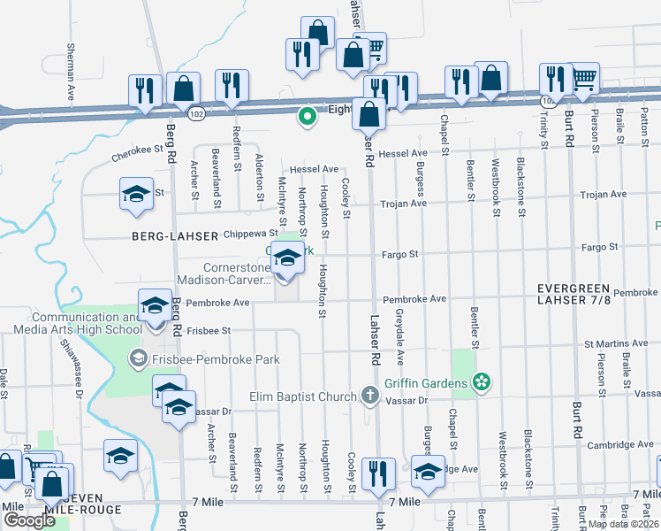 map of restaurants, bars, coffee shops, grocery stores, and more near 20000 Houghton Street in Detroit