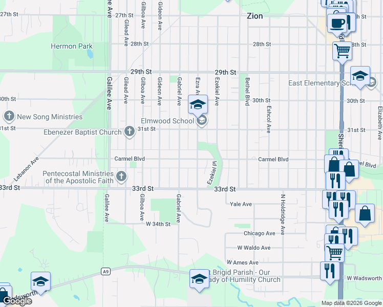 map of restaurants, bars, coffee shops, grocery stores, and more near 3114 Ezra Avenue in Zion