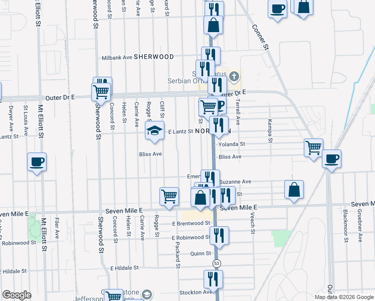 map of restaurants, bars, coffee shops, grocery stores, and more near 19445 Spencer Avenue in Detroit