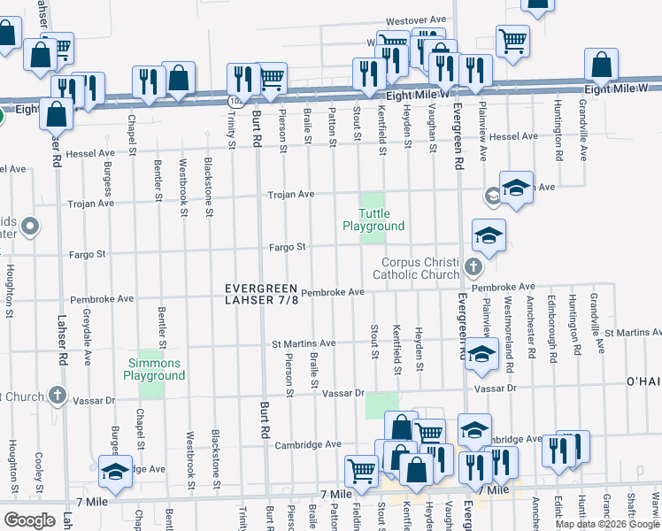 map of restaurants, bars, coffee shops, grocery stores, and more near 19959 Patton Street in Detroit