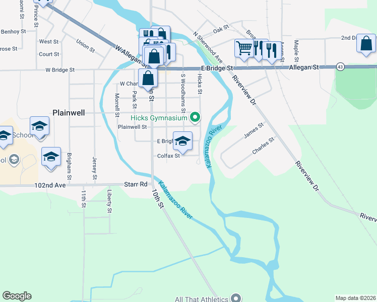 map of restaurants, bars, coffee shops, grocery stores, and more near 602 Hicks Street in Plainwell