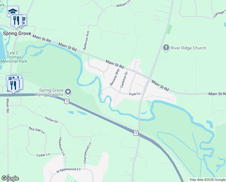 map of restaurants, bars, coffee shops, grocery stores, and more near 1310 Park Lane in Spring Grove