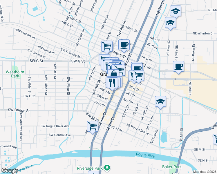 map of restaurants, bars, coffee shops, grocery stores, and more near 128 Southwest I Street in Grants Pass