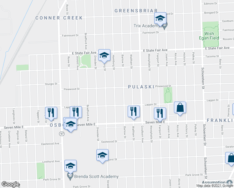 map of restaurants, bars, coffee shops, grocery stores, and more near 19376 Hamburg Street in Detroit