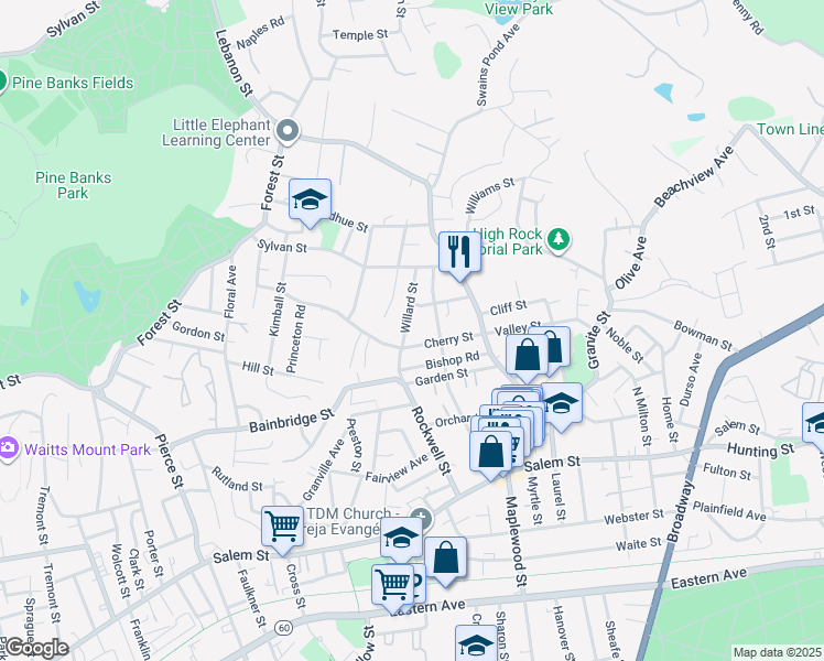 map of restaurants, bars, coffee shops, grocery stores, and more near 15 Willard Street in Malden