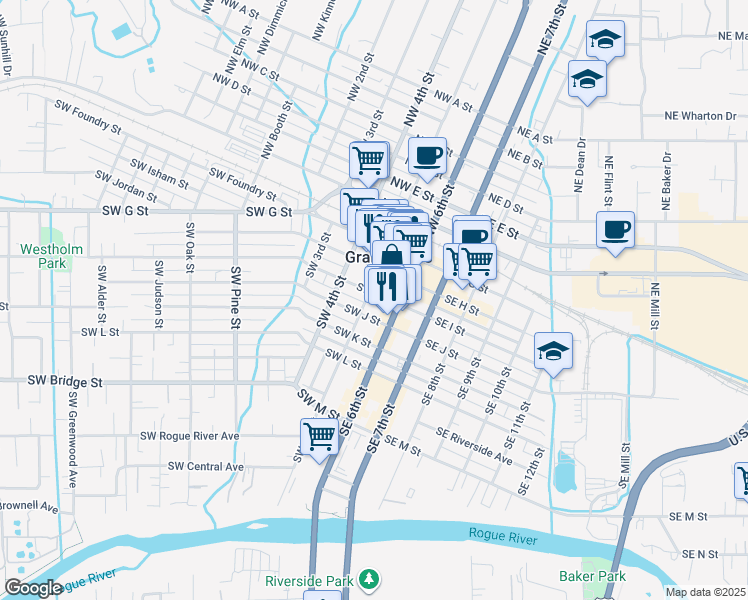 map of restaurants, bars, coffee shops, grocery stores, and more near 139 Southwest I Street in Grants Pass