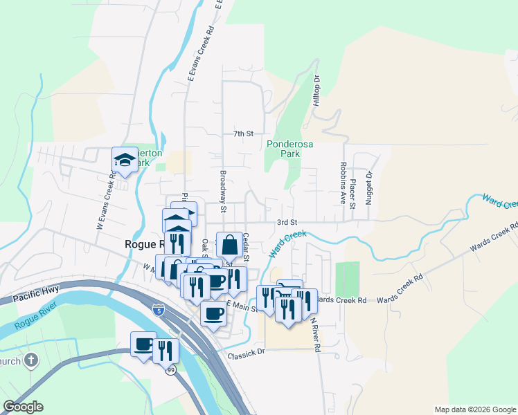 map of restaurants, bars, coffee shops, grocery stores, and more near 108 Willow Lane in Rogue River