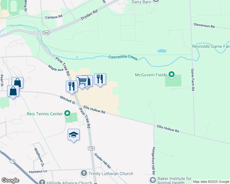 map of restaurants, bars, coffee shops, grocery stores, and more near 204 Summerhill Drive in Ithaca