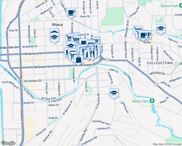 map of restaurants, bars, coffee shops, grocery stores, and more near 118 Prospect Street in Ithaca