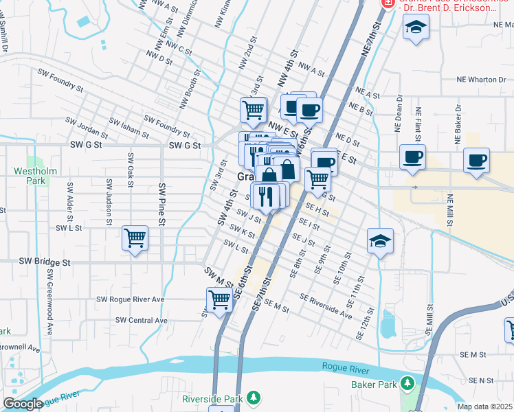 map of restaurants, bars, coffee shops, grocery stores, and more near 128 Southwest I Street in Grants Pass
