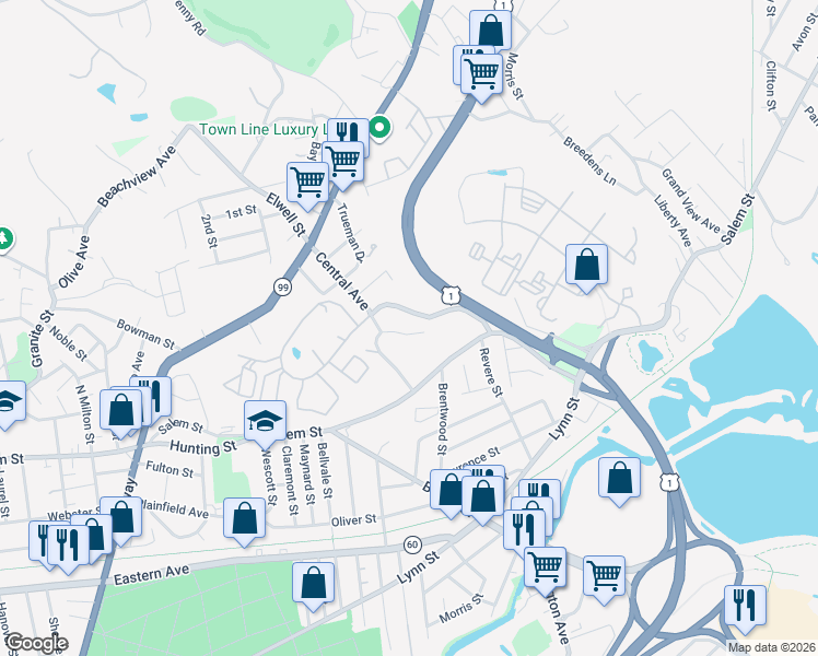 map of restaurants, bars, coffee shops, grocery stores, and more near 118 Kennedy Drive in Malden