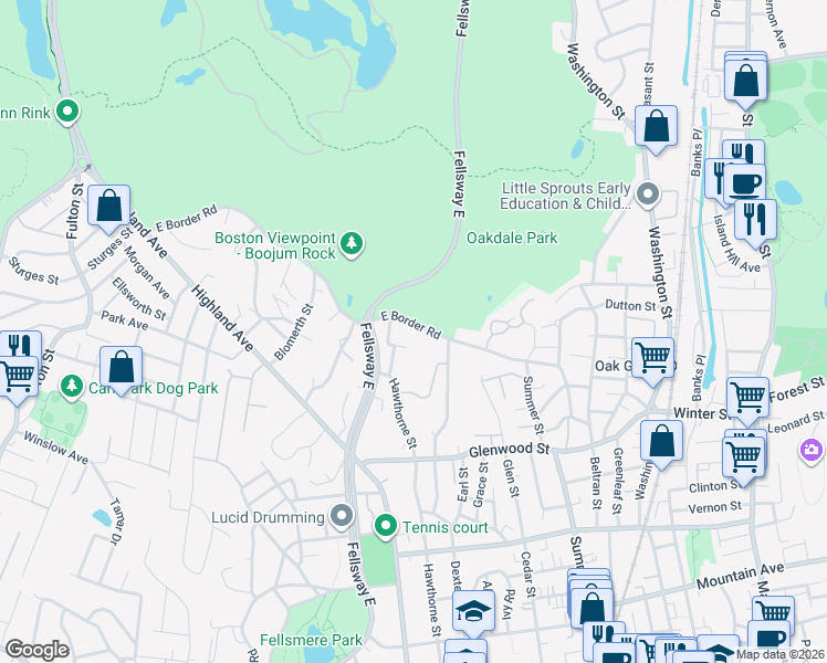 map of restaurants, bars, coffee shops, grocery stores, and more near 98 East Border Road in Malden