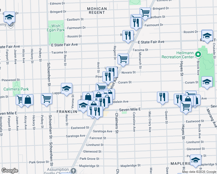 map of restaurants, bars, coffee shops, grocery stores, and more near 14141 Pfent Street in Detroit