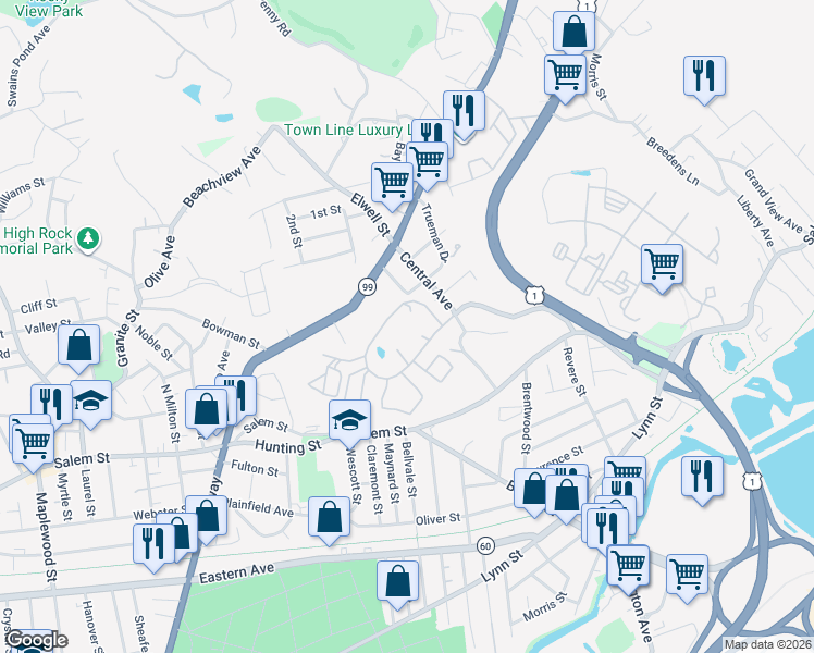 map of restaurants, bars, coffee shops, grocery stores, and more near 211 Kennedy Drive in Malden