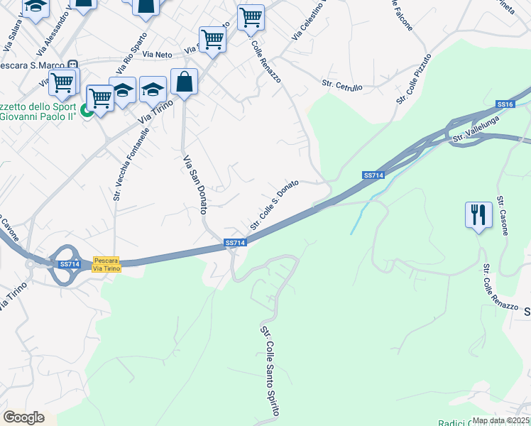 map of restaurants, bars, coffee shops, grocery stores, and more near Strada Colle San Donato in Pescara
