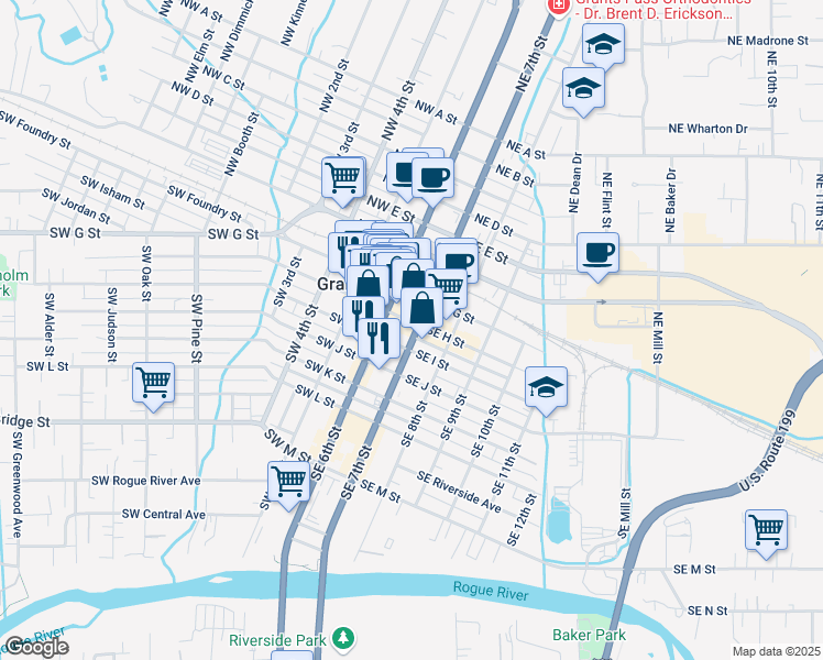 map of restaurants, bars, coffee shops, grocery stores, and more near 143 Southeast H Street in Grants Pass