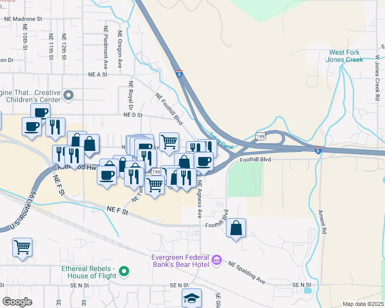 map of restaurants, bars, coffee shops, grocery stores, and more near 2175 Northeast Fairview Avenue in Grants Pass