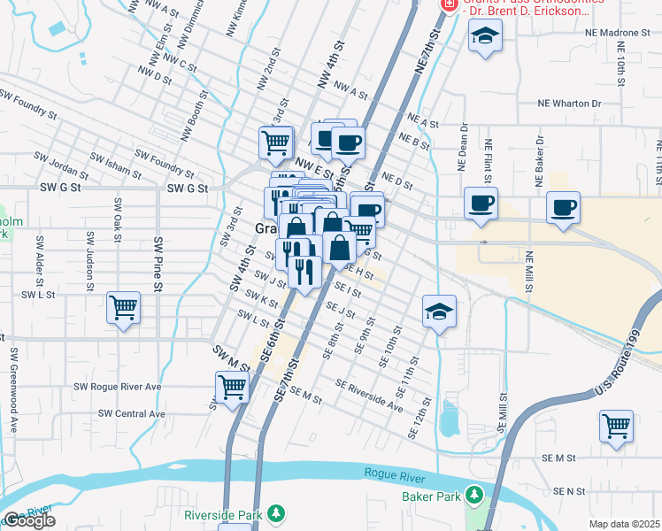 map of restaurants, bars, coffee shops, grocery stores, and more near 143 Southeast H Street in Grants Pass