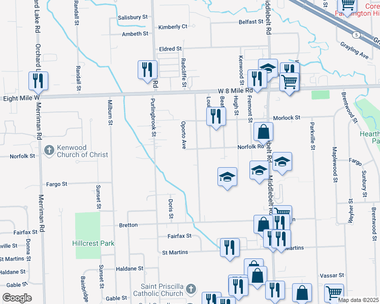 map of restaurants, bars, coffee shops, grocery stores, and more near 20309 Melvin Street in Livonia