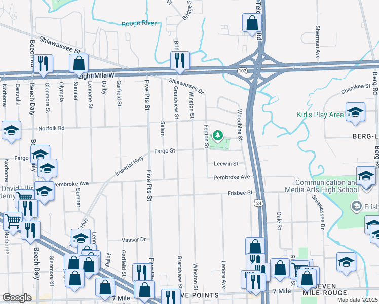 map of restaurants, bars, coffee shops, grocery stores, and more near 19979 Winston Street in Detroit