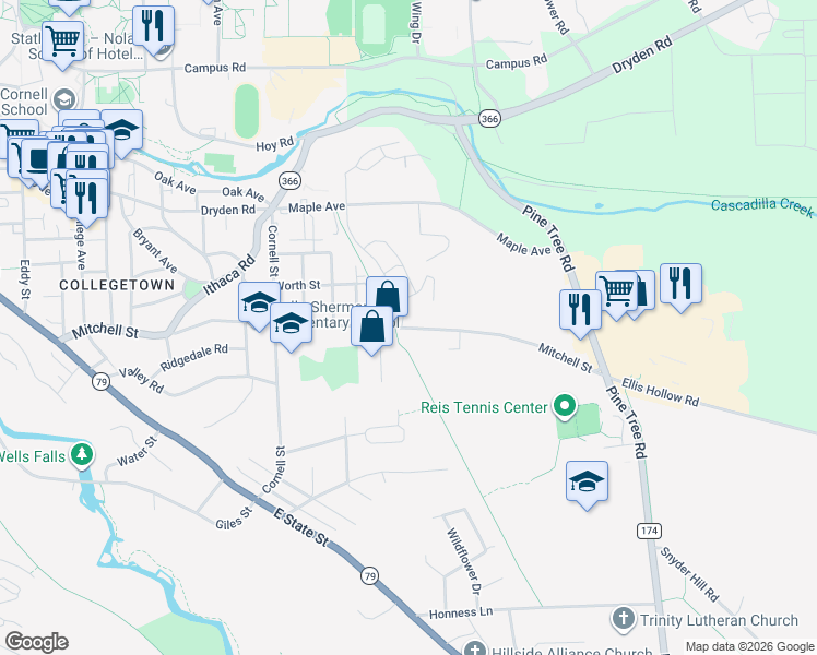 map of restaurants, bars, coffee shops, grocery stores, and more near County Road 110 in Ithaca