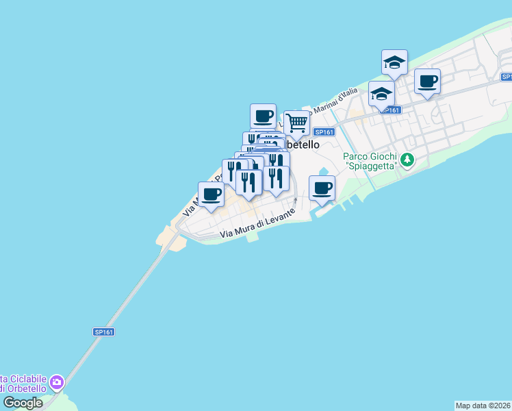 map of restaurants, bars, coffee shops, grocery stores, and more near 2 Via Veneto in Orbetello