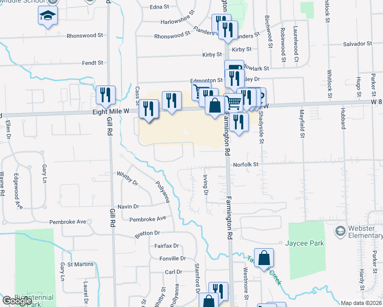 map of restaurants, bars, coffee shops, grocery stores, and more near 33879 Eight Mile Road in Livonia