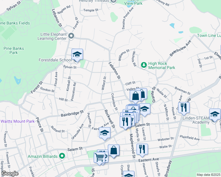 map of restaurants, bars, coffee shops, grocery stores, and more near 164 Columbia Street in Malden