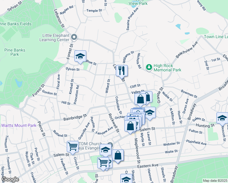 map of restaurants, bars, coffee shops, grocery stores, and more near 164 Columbia Street in Malden