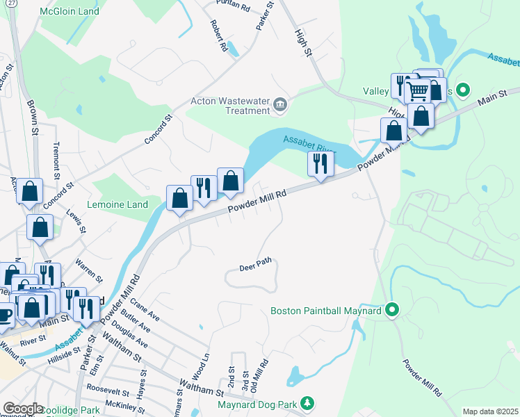 map of restaurants, bars, coffee shops, grocery stores, and more near 102 Powder Mill Road in Maynard