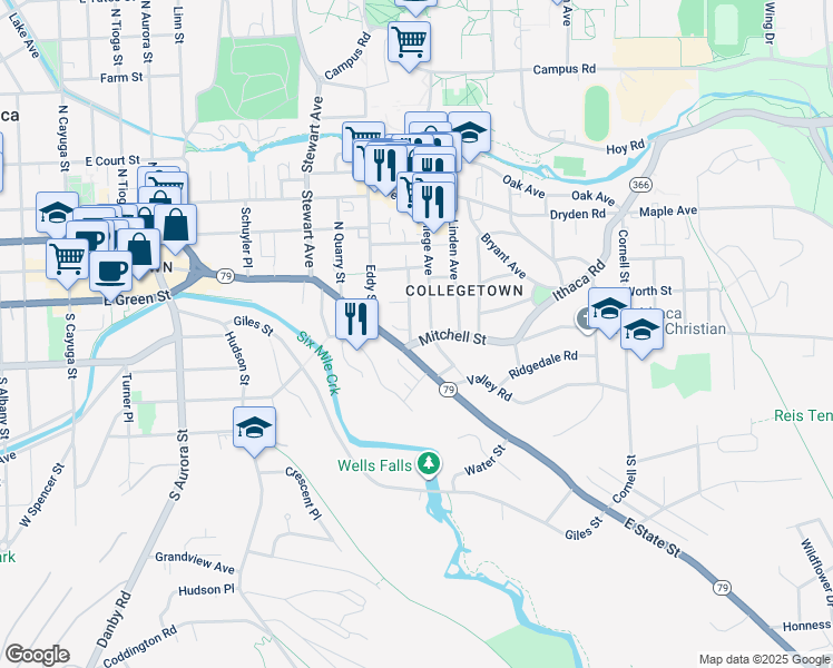 map of restaurants, bars, coffee shops, grocery stores, and more near 105 College Avenue in Ithaca