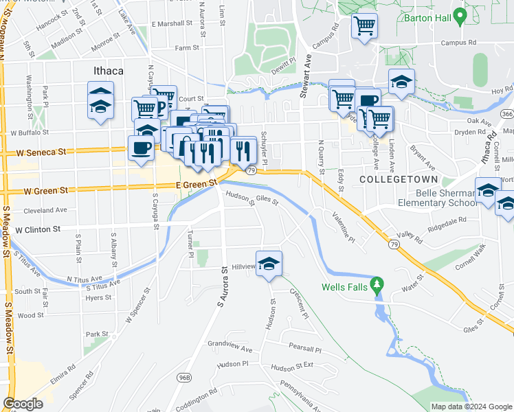 map of restaurants, bars, coffee shops, grocery stores, and more near 135 Hudson Street in Ithaca