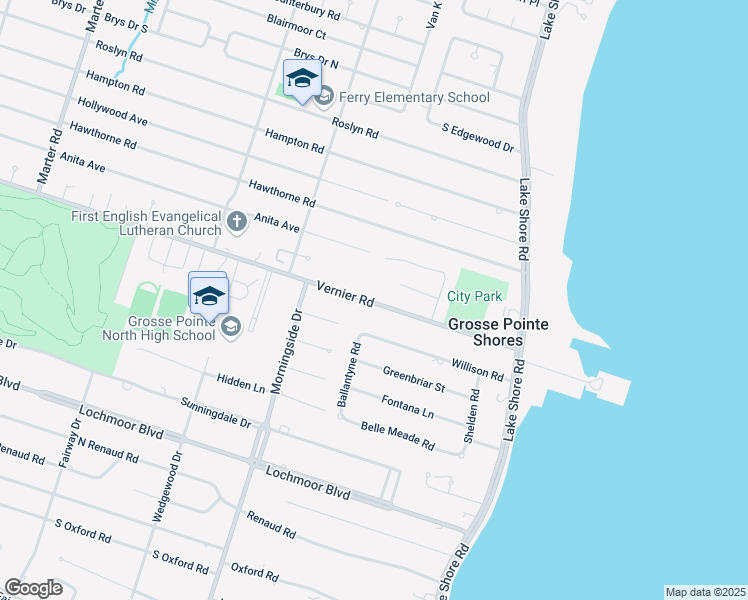 map of restaurants, bars, coffee shops, grocery stores, and more near 94 Vernier Road in Grosse Pointe Woods