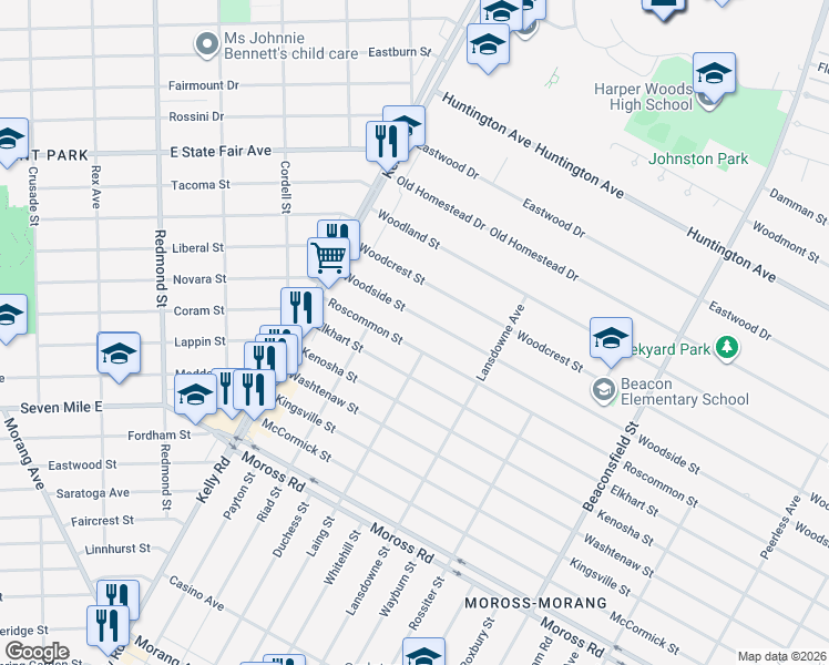map of restaurants, bars, coffee shops, grocery stores, and more near 18811 Woodside Street in Harper Woods