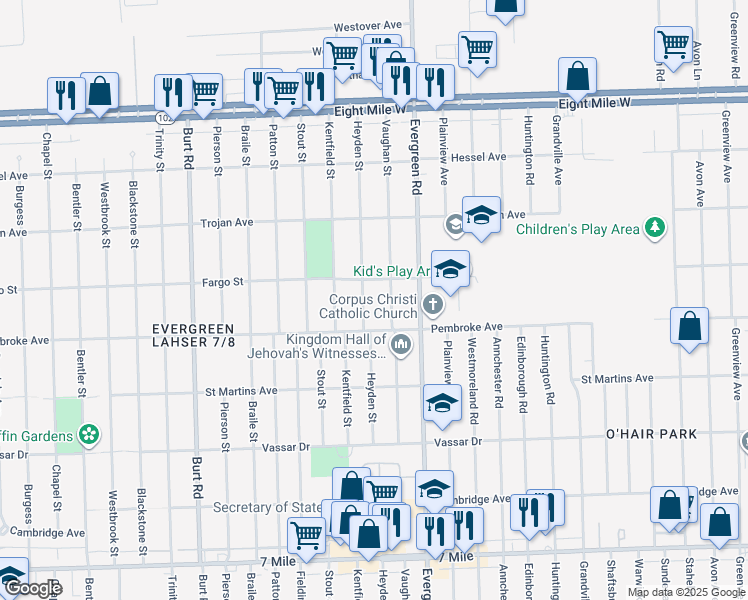 map of restaurants, bars, coffee shops, grocery stores, and more near 19940 Heyden Street in Detroit