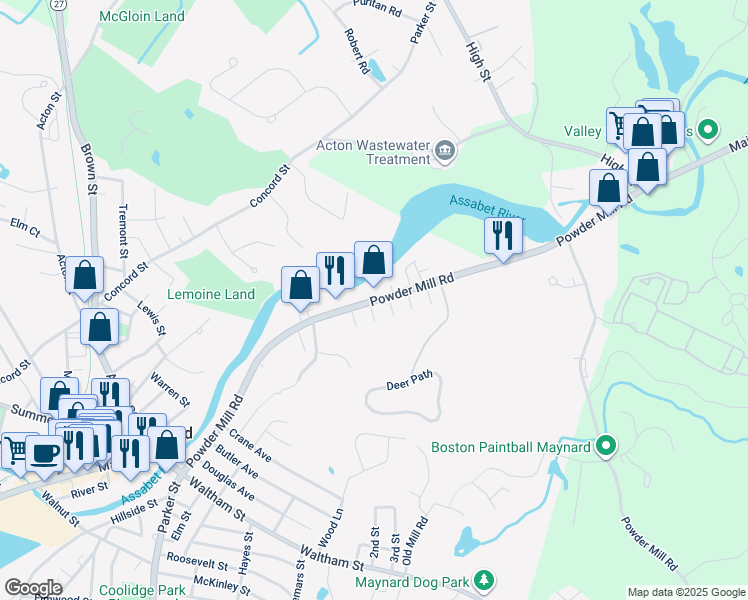 map of restaurants, bars, coffee shops, grocery stores, and more near 94 Powder Mill Road in Maynard