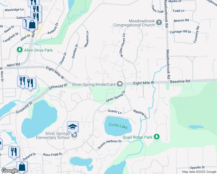 map of restaurants, bars, coffee shops, grocery stores, and more near 42477 Northville Place Drive in Northville